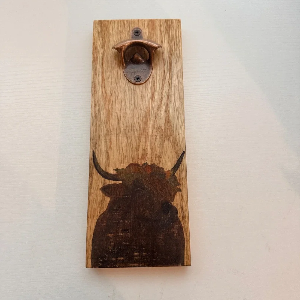 Longhorn Bull Bottle Opener Wall Mount Rustic Wood Beer Cap Catcher‎ Man Cave